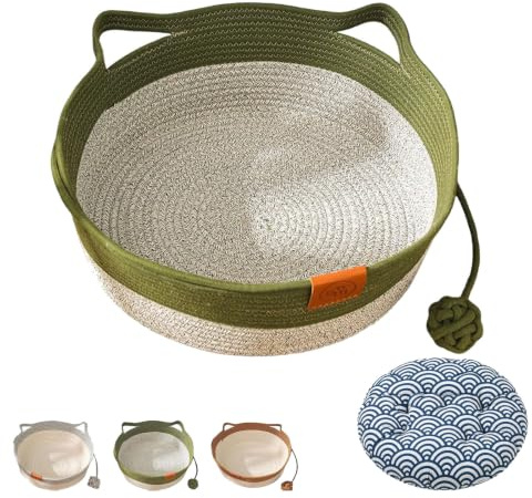 Instinct Basket for Cats,Green:M | Natural Rope Handwoven Cat Basket Bed, Cotton Rope Cat Bed With Toy Tail, for Kitten Puppy Small Cats & Dogs