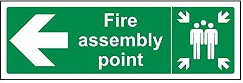 VSafety Fire Assembly Point Sign with Left Arrow - Durable 2mm Rigid Plastic Fire for Emergency Exits - Green & White Design - Landscape Safety Sign, 300mm x 100mm - Meets EN ISO Standards