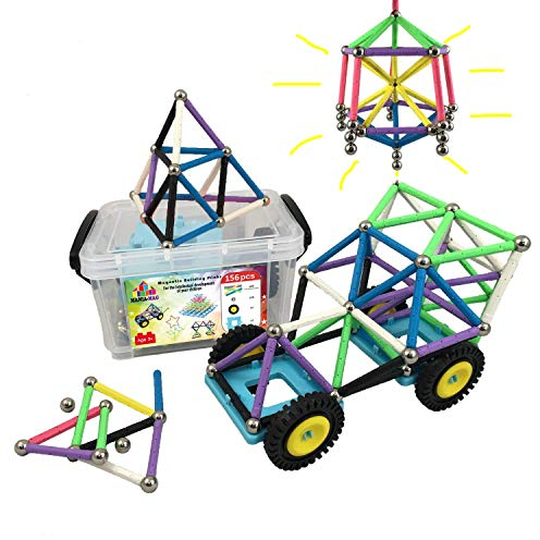 Magnetische Bausteine │ 156 Stück: großer Sticks mit starken Magneten, Stahlkugeln und Autoräder + Starke Lagerung Kunststoff-Box│ Großes kreatives Geschenk für Jungen und Mädchen ab 3 Jahre alt
