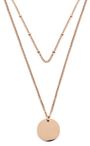 Happiness Boutique Damen Zweireihige Kette mit Kreis Anhängern in Rosegold | Mehrreihige Halskette Runde Plättchen