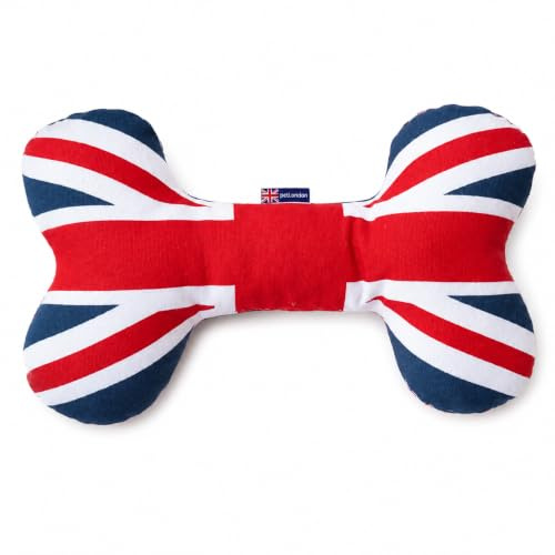 PetLondon British London 13 Union Jack Bone, Canvas Plush Dog And Puppy Toy, Canvas Bone With Squeaker, Cute Fun Royal Queen Union Jack Dog Interactive Toy
