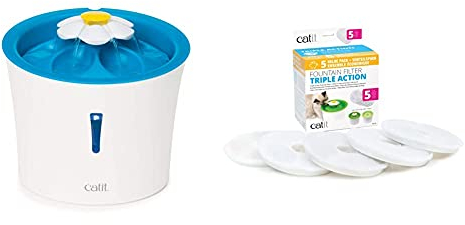 Catit 2.0 Flower Fountain, Blumentrinkbrunnen mit LED für Katzen, 3L, weiß/blau & 2.0 Triple Action Filter, 3fach wirksamer Ersatzfilter, Trinkbrunnenfilter, 5er Pack