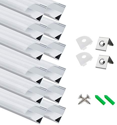 LightingWill 12-Pack LED Aluminum Profile, 3.3ft/1Meter LED Strip Channel Silver V-Shape LED Diffuser with Milky White Cover, End Caps and Mounting Clips for LED Strip Lights
