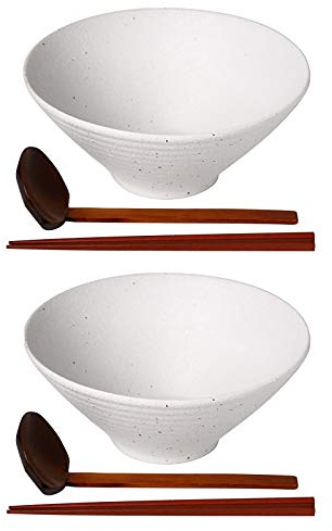 Kanwone Keramik-Schüssel-Set, japanische Ramenschüsseln, Suppenschüsseln, 1,7 l, mit passenden Löffeln und Essstäbchen für asiatische Udon Soba Pho Nudeln, 2 Stück, Weiß