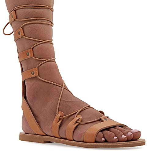 38 beige Emmanuela Sandales en cuir dans un style grec ancien, des sandales de gladiateur plat à la main avec des orteils ouverts, des chaussures d'été pour femmes