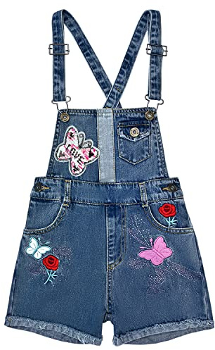 Peacolate 4-10 Jahre Kleines Groß Mädchen Latzhose Bestickte Pailletten Umdrehen Schmetterling Denim Kurze Jeans Overalls