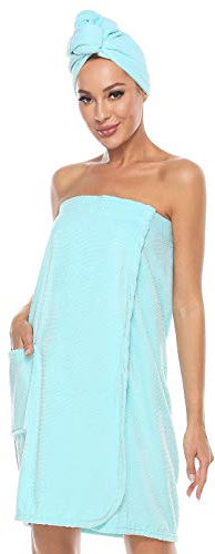 vislivin Robe Serviette de Bain Femme Serviette de Spa Peignoir avec Bonnet de Douche Peignoir Femme Fermeture Réglable Bleu L