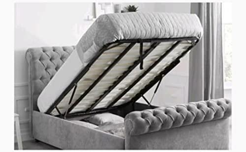 Bespoke Gas Lift Ottoman Storage Sleigh Bed Single/Double/King/Super King Grey Plush Velvet Fabric Upholstered (Super King 6FT, With Mattress)