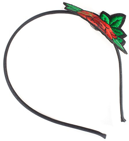 Mytoptrendz® Thin Satin Cover Metal Headband Hair Band Alice Band with Embroidered Rose Flower Applique on Side Women Girls Fashion Accessory (Style - 2 Red Rose Leaves around flower)