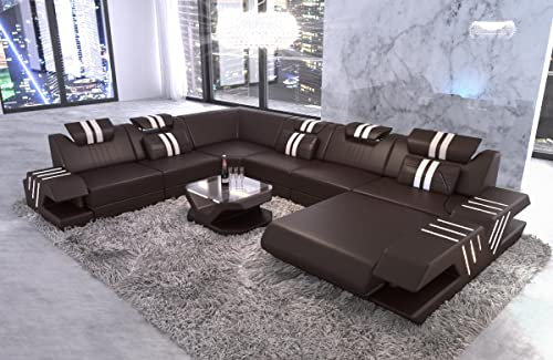 Wohnlandschaft Venedig XXL Sofa in Leder - mit LED Beleuchtung, verstellbare Kopfstützen, Recamiere/Lederfarben wählbar/Ausrichtung wählbar (Ottomane rechts, Dunkelbraun-Weiß)