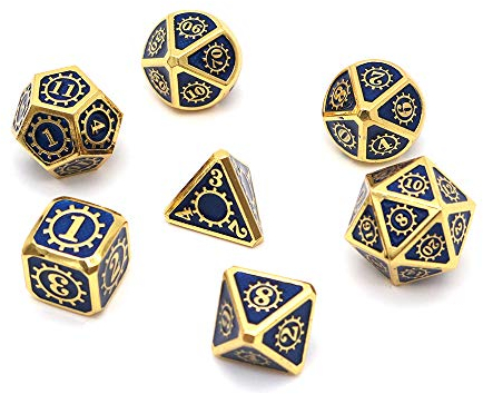Fasizi Polyedrisches Würfel-Set aus Metall mit schwarzer Aufbewahrungstasche für Rollenspiele, Dungeons and Dragons, D&D, Mathematikunterricht (Gear Gold und Blau), 7-teilig