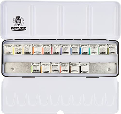 Schmincke - Akademie® watercolor paint box, 18 x 1/2 cells + space for additional 6 cells, 75 772 097, metal box, fine artist watercolors