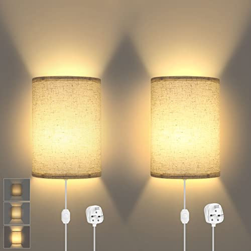 Lightess Plug in Wall Lights with Switch, Dimmable Plug in Wall Lamps for Bedroom, Modern Wall Sconce with Beige Fabric Shade E27 Wall Light for Living Room Hotel Hallway Bedside Reading (Set of 2)