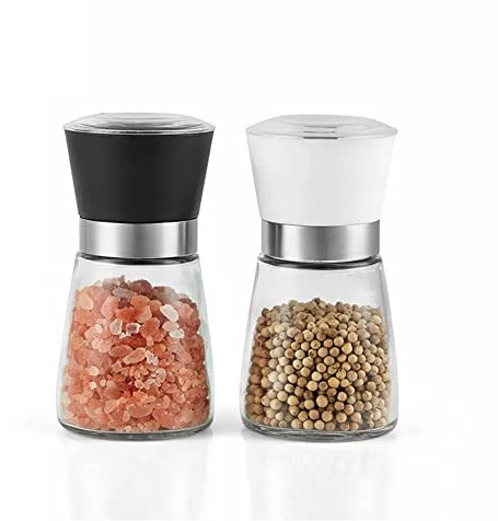 Molinillos de sal, pimienta y otras especias. Cuerpo de cristal, cabeza de elegante plástico coloreado, rodamientos cerámicos. (PACK-X2)