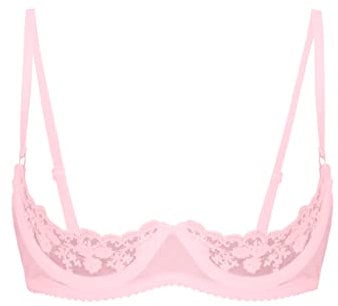 Mufeng Women Mesh See Through Lace 1/4 Cups Balconette Bralette Padded Underwire Shelf Bra Tops Pink XL