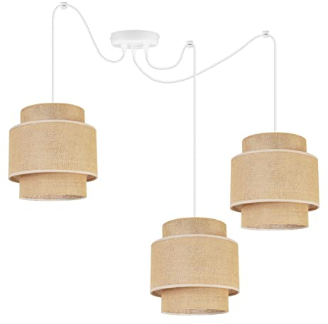 Light-Home Boho Hängelampe - Rattan Lampe - Deckenlampe für Wohnzimmer Schlafzimmer und Esszimmer - Pendelleuchte aus Metall mit Lampenschirm aus Stoff - E27-3-Flammig - Weiß Basis und Jute