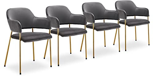 CLIPOP Esszimmerstühle Samt Gepolsterte Küche Freizeit Stühle mit Armlehne und Golden Chrom Beinen, Lounge Empfang Stuhl für Zuhause Wohnzimmer Schlafzimmer (4er Set, Grau)