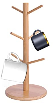 LINGJIONG Tassenbaum für Theke | Kaffeetassen-Trockengestell aus Holz mit 6 Haken - Aufsatz-Tassen-Organizer, Kaffee-Bar-Regal zum Aufhängen von Kaffeetassen, Teetassen, Glastassen
