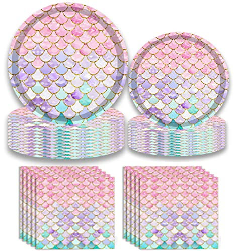 OUOQI Vaisselle de Fête Sirène,40Pcs Vaisselle de Sirène,Vaisselle de Fête sur Le Thème de la Sirène,Ensemble de Vaisselle de Fête Sirène,Fête Mermaid Assiettes Pailles pour Décoration d'anniversaire