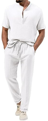 seiveini Leinen Freizeitanzug Herren Leinenanzug Sommer 2-Teiliges Leinen Hemd Kurzarm und Strandhose aus Baumwolle und Leinen Hausanzug Yoga Anzug Strand Anzug B Weiß L
