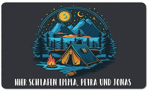 PERSONALISIERTE Fußmatte für Camper; Waschbarer lustiger Fußabstreifer für Innen und Außen, 45 x 75 cm, ideal als Zubehör für Wohnmobile, Zelte und Autokaravans, Motiv Zelten bei Bergen [140]