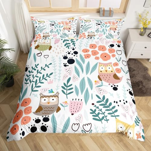 Homewish Bettbezug Eule Kawaii 140 x 200 cm, Bettwäsche, Motiv: Eule, niedlich, Blume in Form eines Liebesherzens, Bettüberwurf mit Pfoten, 2-teilig