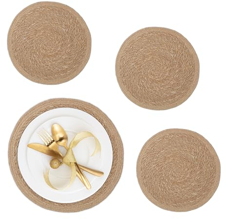 Relaxdays Tischset 4-teilig, für Esstisch, aus Wasserhyazinthe, Platzdecken, runde Telleruntersetzer, Ø 37 cm, Natur