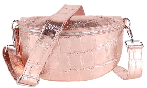 MIRROSI® Bauchtasche Damen, Made in Italy, Echtleder Umhängetasche Echtes Leder, Brusttasche, Crossbody Bag aus Echtem Leder, in 3 Größen erhältlich (Rose Silberner Reißverschluss) (Gr.L)