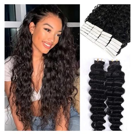 Tape Extension Echthaar Tiefe Wellen-Tape-in-Echthaarverlängerungen for schwarze Frauen, lockige Echthaarverlängerungen, Tape-ins-Erweiterungen, doppelseitiger Hauteinschlagkleber in Remy-Haar Remy Ta