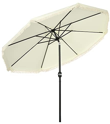 Outsunny - Sombrilla de jardín (268 cm, con flecos, tejido de poliéster de alta densidad UV, mástil desmontable, 8 ballenas, crema, Ø 268 x 238 cm
