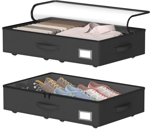 EE-RoomWorld Unterbettkommode mit Rollen, 14 cm Höhe, Schwarz | Kein Zusammenbau erforderlich, niedriges Profil, wasserdicht, rollende Unterbett-Schuhaufbewahrung, verstärkter Griff