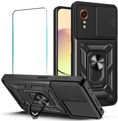 KEKBOXQ Coque pour Samsung Galaxy XCOVER 7 5G avec 1 Pièces Verre Trempé,Couvercle Coulissant de Caméra, Robuste Cover, Antichoc Case, Support 360° Rotatif Anneau Militaire Étui de Téléphone,Noir