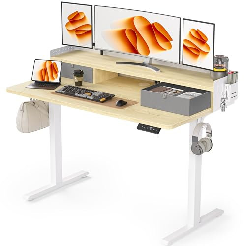 WALKINGDESK Höhenverstellbarer Schreibtisch Elektrisch mit 2 Schubladen, 120x60 cm Stehpult mit Stiftehalter und Kopfhörerhalter, Tisch für Home Office Büro, DIY Pegboard, 4 Haken, Eiche