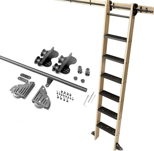 Einziehbare Schiebeleiter-Bibliothek, komplettes Hardware-Rollschienenset (ohne Leiter), rustikales schwarzes mobiles Leitergeländer für Zuhause/drinnen/auf dem Dachboden, Hochleis