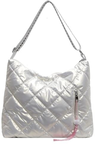 JANSBEN Puffer Schultertasche Damen Gesteppte Tasche mit Breiter Gurt Handtasche Baumwolle Winter Puffy Umhängetasche für Uni Arbeit Reisen Einkaufen,Beige