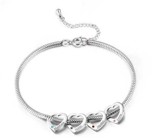 Bracelet De Cheville Pour Femme Personnalisé Avec Gravure 2 à 6 Noms Pendentif De Cœur Acier Inoxydable Réglable Cadeaux d'anniversaire De Noël Pour Petite Amie Mère (4 stones + 4 noms)