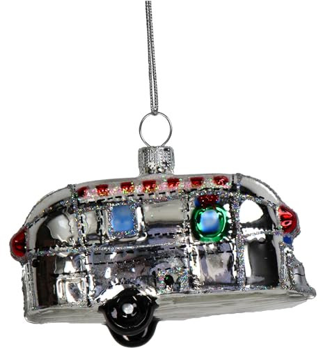 Christbaumschmuck 8,8cm Glas - Wohnwagen Figur zum Aufhängen - handbemalt & mit Glitzer - Weihnachtsbaum Anhänger für Weihnachten - Christbaumanhänger & Weihnachtsbaumschmuck - Caravan Silber Grau