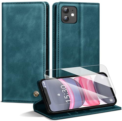 Handyhülle für iPhone 11 Hülle,Premium Lederhülle für iPhone 11 [Mit 1 Stück Panzer Schutz Glas] Magnet Kartenfach Klapphülle Schutzhülle für iPhone 11,BlauGrün