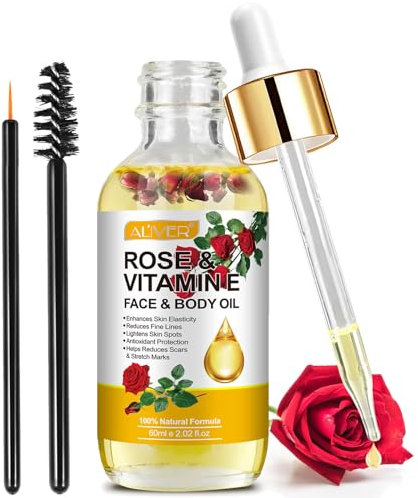 Rose Oil for Face with Rose Petal Flower, Organic Vitamin E Oil for Anti-aging, Scars & Stretch Mark, Gua Sha Face Oil, Natural Massage Body Oil Scented for Dry Skin, Scalp and Nail - 60ml