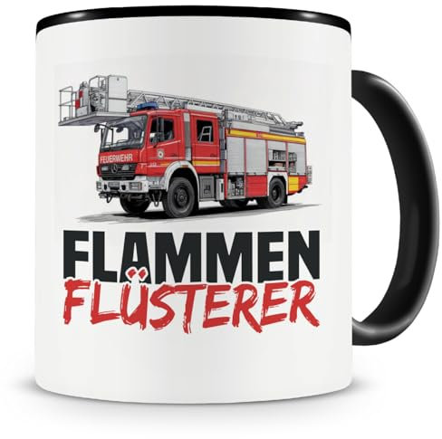 Samunshi® Feuerwehrmann Tasse mit Spruch Flammen Flüsterer Geschenk für Brandmeister und Feuerwehr Fans Kaffeetasse Feuerwehrauto Tassen zum Geburtstag 300ml schwarz