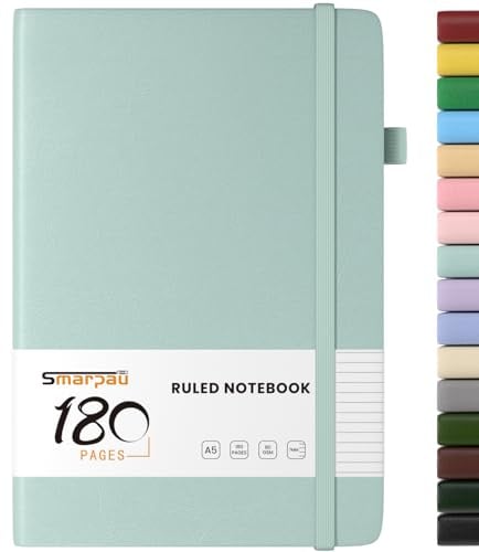 Smarpau Notebook A5, Hardback Lined Journal Notebook with 180 Pages Thick Paper, Leather Journal for Women Men, No Bleed for Writing, Notepad for Office School Travel Supplies, Sky Blue