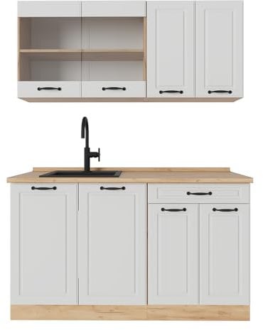 Vicco Küchenzeile R-Line, Weiß Landhaus/Goldkraft Eiche, 140 cm, AP Eiche