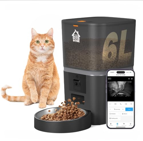 Smart Pet Feeder with Camera – 6L Automatic Feeder for Cats & Dogs. App Control, HD Night Vision & Dual Power System, 2 Way Audio – Matte Black
