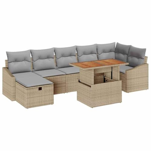 vidaXL Garten-Sofa-Set mit Kissen mit Speicher 8 pcs Beige Poly Rattan, Garten und Terrasse, modernes Set, verstellbare Füße, Outdoor-Sofa, modulare Sitzgelegenheit, wetterfestes Lounge