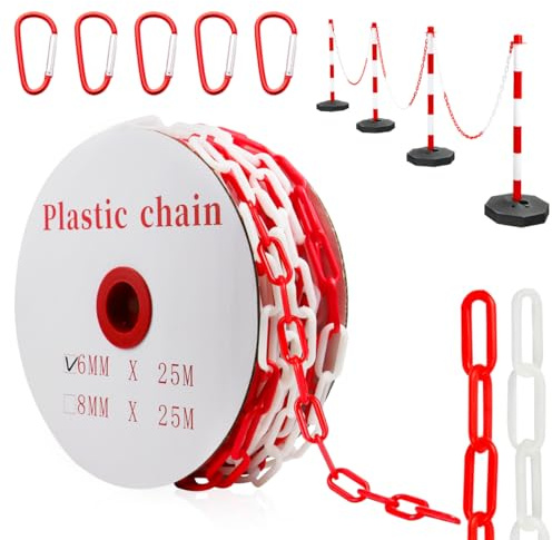 25m Absperrkette Rot Weiß Kunststoffkette, 6mm Plastikkette Kunststoff kette mit 5 Karabinern für Barrieren in Auffahrten zum Absperren von Flächen Gut Sichtbar