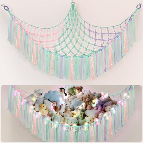 Lunriwis Kuscheltier Aufbewahrung Netz mit LED-Leuchten, Boho Makramee Spielzeug kinderzimmer deko, StofftieStofftier Aufbewahrungstasche Hängematte Aufbewahrung Kuscheltiere Lila