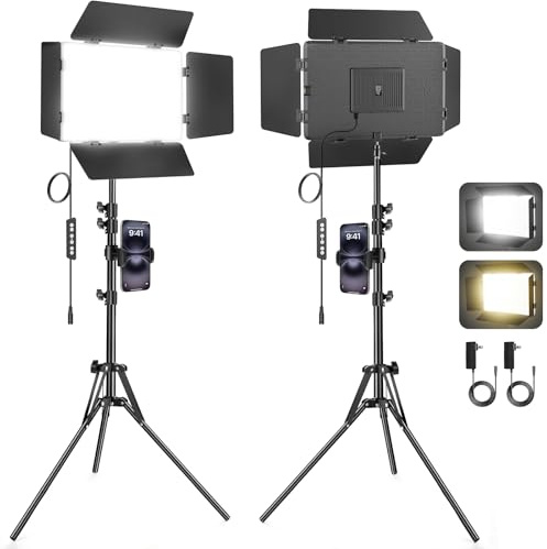 Scrhot - Paquete de 2 luces LED de video con puerta de granero, 30 W, iluminación de fotografía bicolor, 3000 lux, 2500 K-8500 K, panel de luz de estudio regulable, iluminación de podcast para