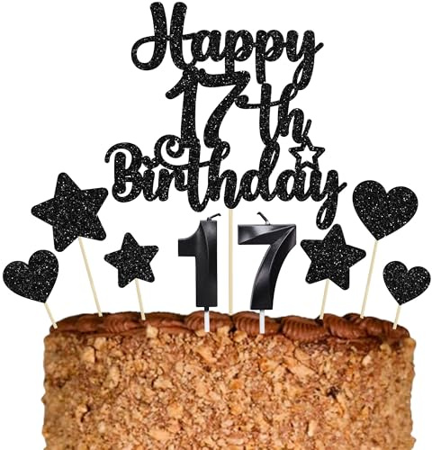 Gyufise Tortenaufsatz-Set Happy 17th Birthday, mit Herz, Stern, Glitzer, Cheers to 17 Years Cake Picks, Zahl 17, Kerzen, Kuchendekorationen für Happy 17th Birthday, Jahrestag, Partyzubehör, Schwarz