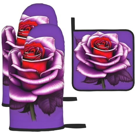 Juego de guantes de horno y soportes para ollas de color rosa fucsia. Resistente al calor, apto para barbacoa de cocina.