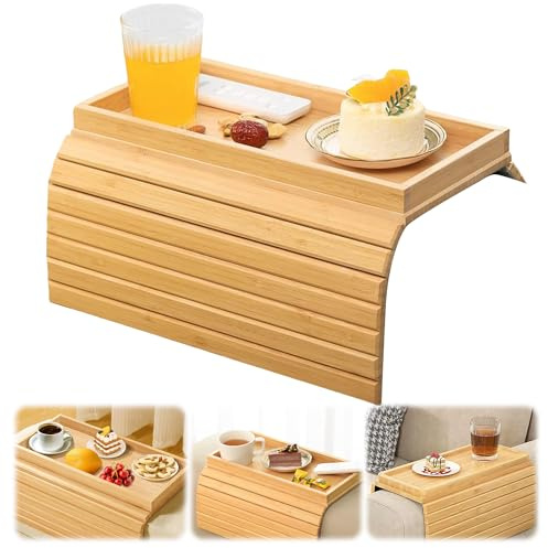 Foldable Sofa Arm Tray: Wooden Armchair Tray with Anti-Slip Backing for Remote Control Drinks Snacks Cups
